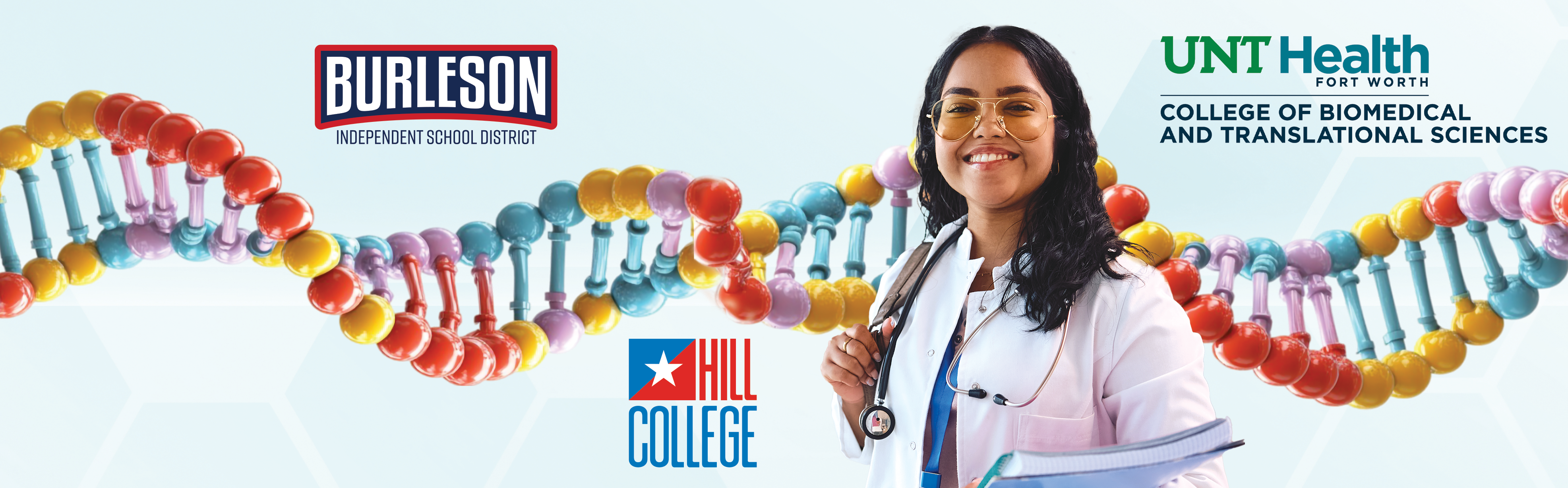 Double helix showing a student with BISD, UNT Health, and Hill College logos